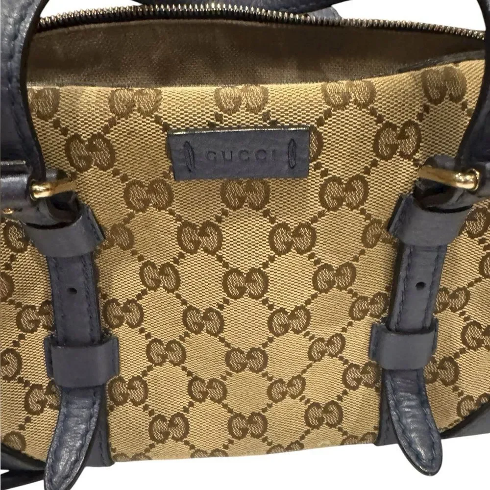 GUCCI Beige Brown GG Canvas Blue Leather Trim Small Belted 2way Boston Bag